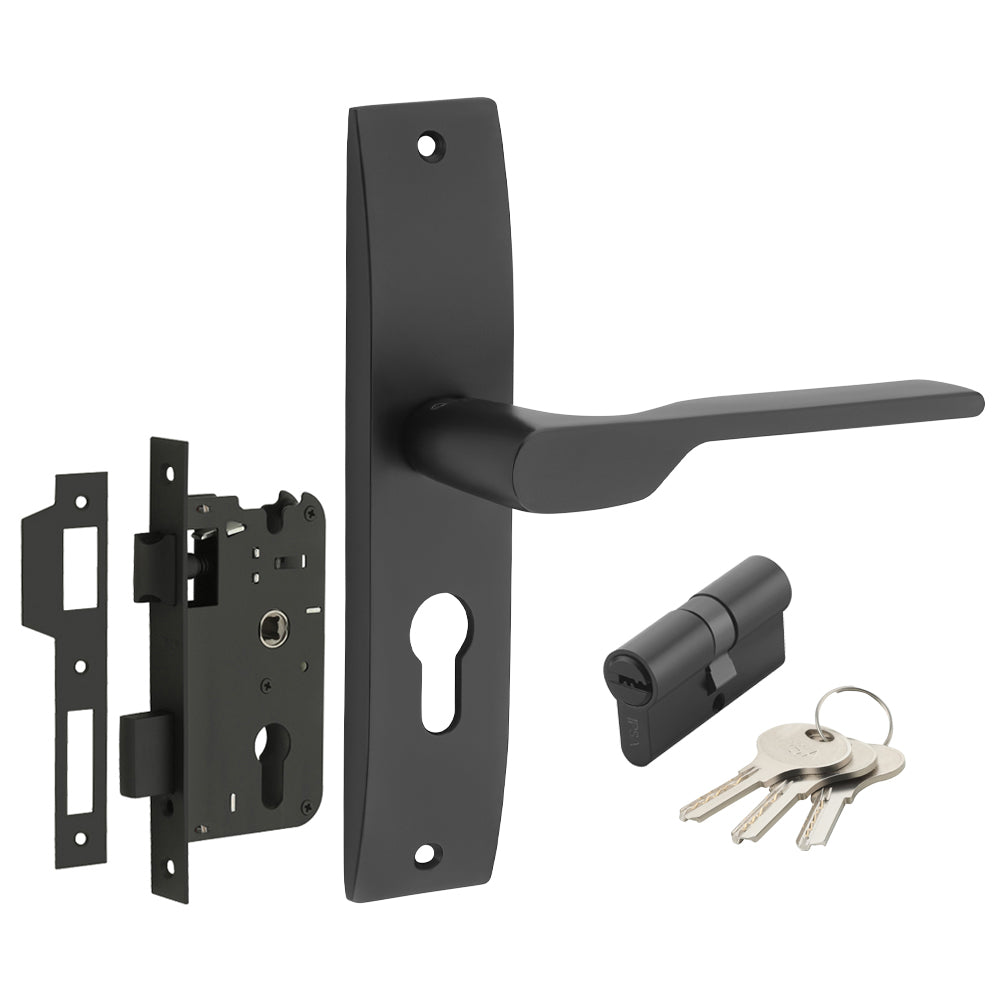 IPSA Orange Iris Handle Series on 8" Plate CYS Lockset with 60mm Both Side Key Cylinder- Black Finish